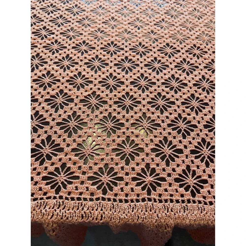 Vintage Handmade Crochet Lace Tablecloth Peach Coral Starburst Floral 56x56
